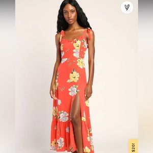 Lulu’s Sweetheart neckline, tie straps, orange floral maxi dress